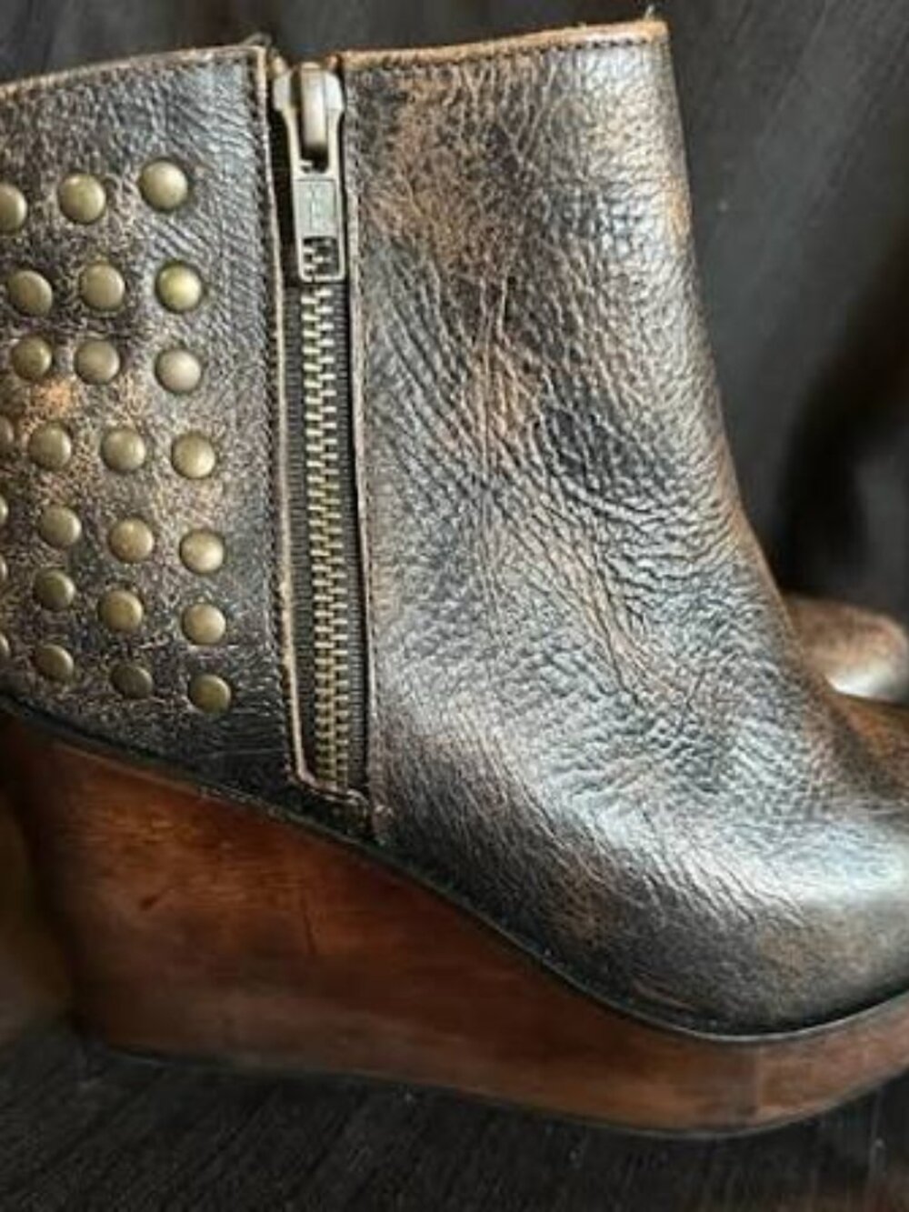 Bed Stu Ghent Boot Distressed Leather Studded Zip Up Wedges Women's Size 7